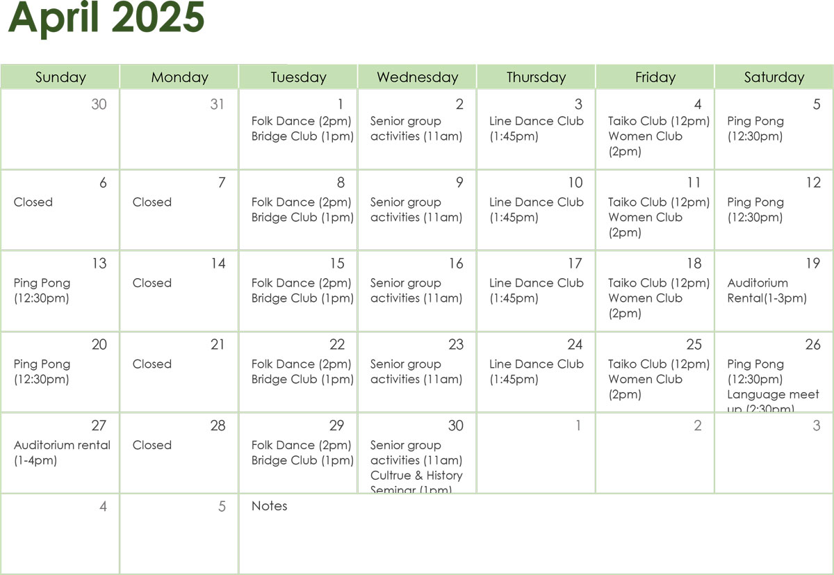 TACC San Diego monthly calendar